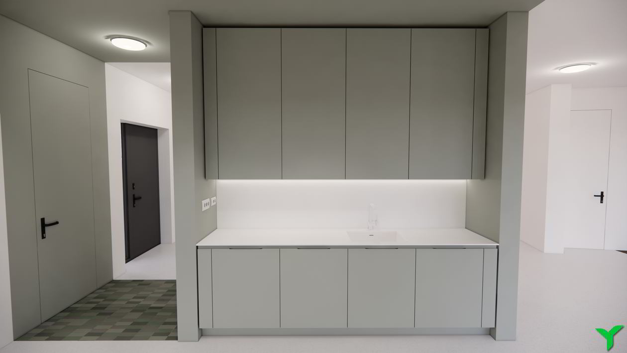 Mobila Bucatarie pe trei pereti, pana in tavan, fara manere, unita cu Living-Room si Hol, L 670 x H 280cm — foto 6 din 7