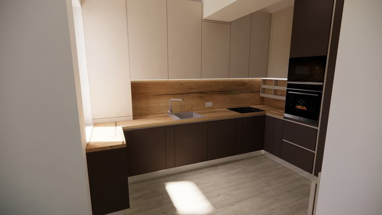 Mobila Bucatarie pe patru pereti, fara manere, unita cu Living-Room, L 917 x H 270cm — foto 1 din 7