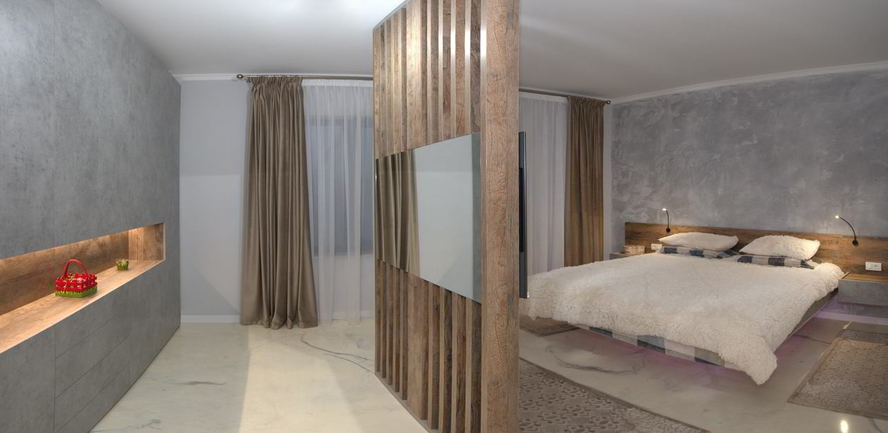Proiect mobila Dormitor matrimonial, cu dulap, pat central suspendat, riflaje, 20m², realizat 15 Decembrie 2021 COD.13670
