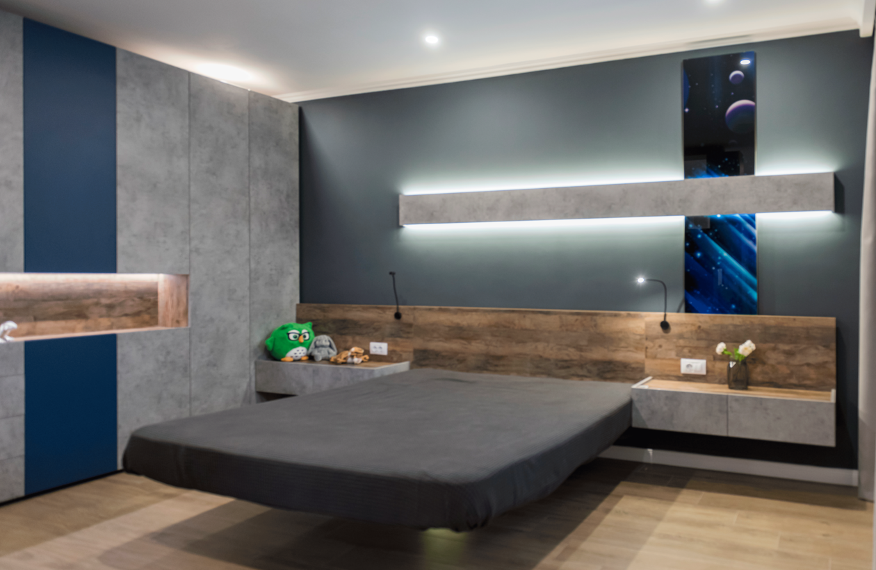 Proiect mobila Dormitor individual, cu pat central, birou integrat, dulap pana in tavan, biblioteca integrata, realizat 16 Decembrie 2021 COD.13677