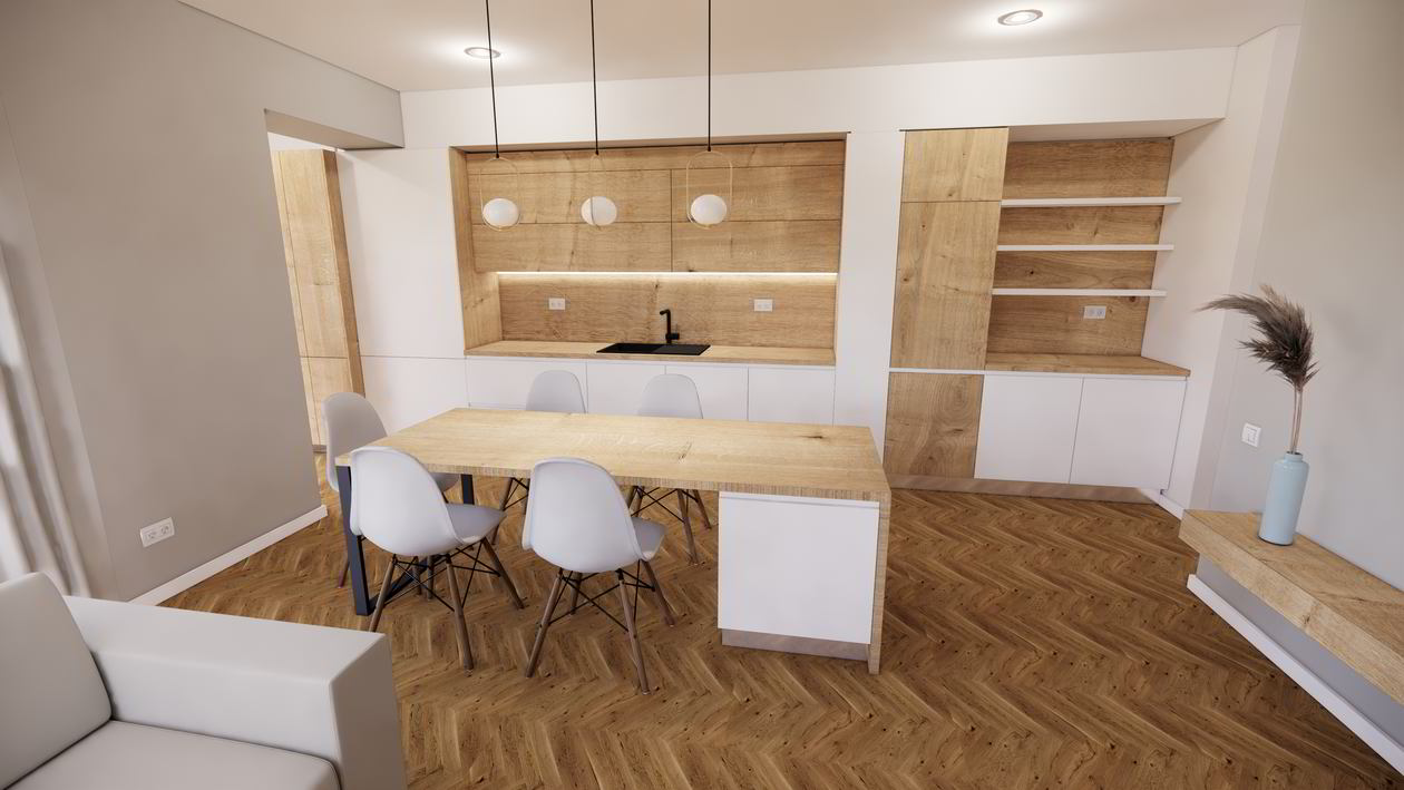 Mobila Bucatarie cu insula, fara manere, pe un perete, unita cu Living-Room, 20m², L 1055 x H 230cm — foto 3 din 7