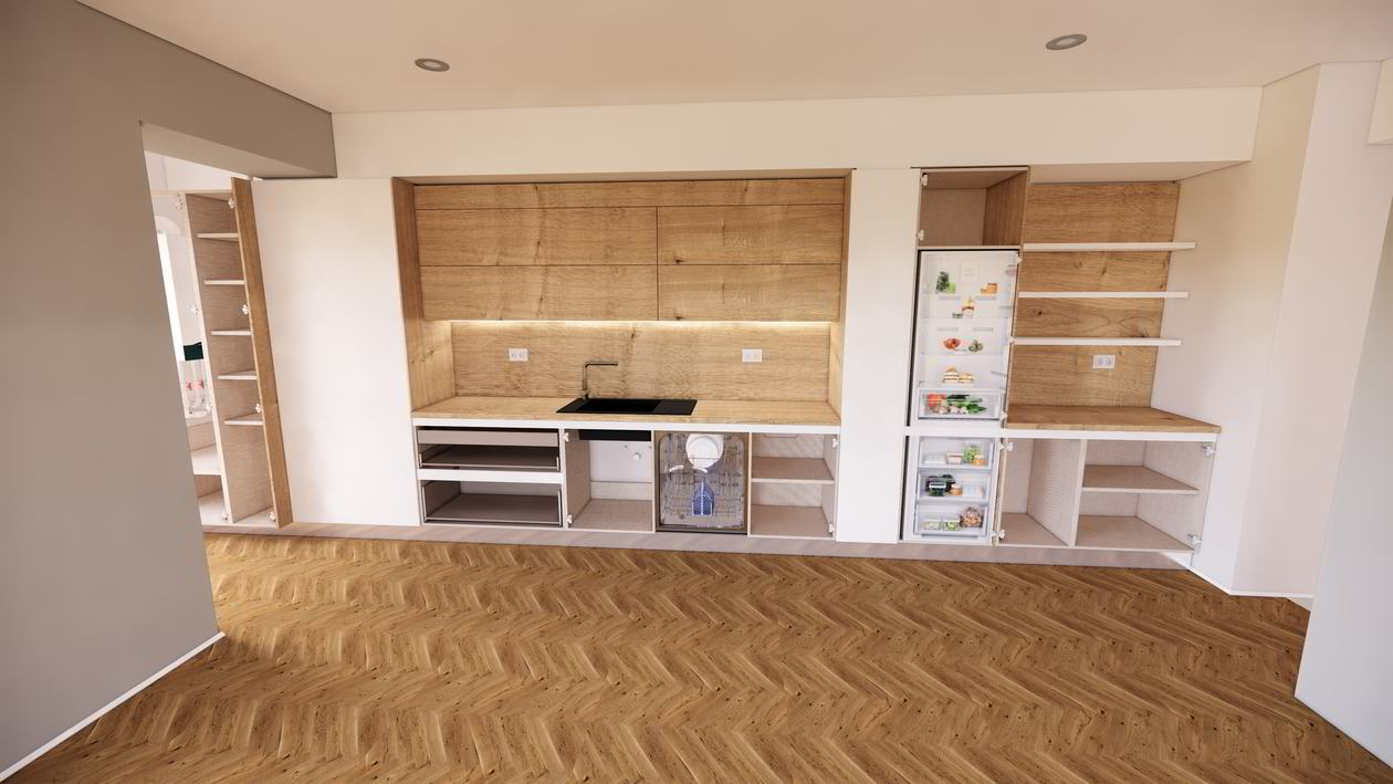 Mobila Bucatarie cu insula, fara manere, pe un perete, unita cu Living-Room, 20m², L 1055 x H 230cm — foto 6 din 7