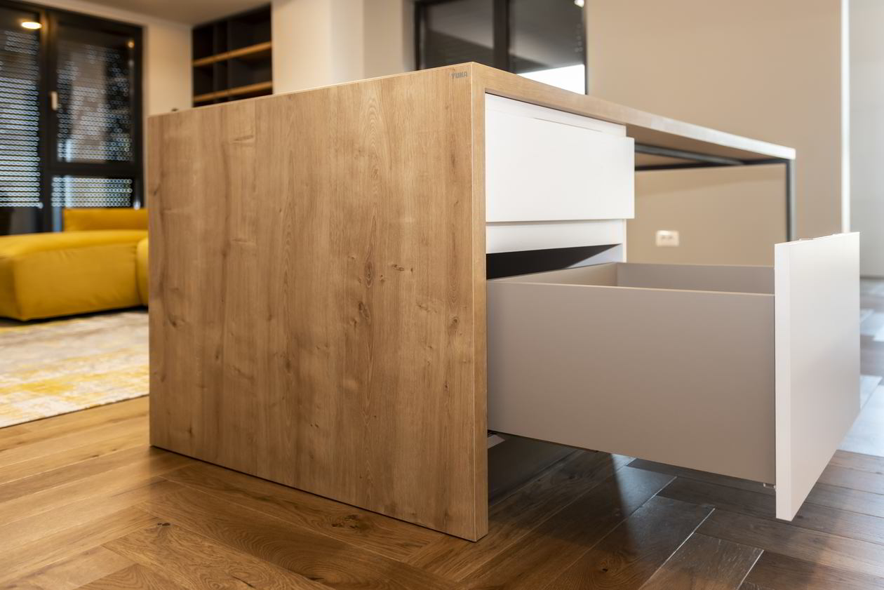Proiect mobila Bucatarie cu insula, fara manere, pe doi pereti paraleli, unita cu Living-Room, 20m², L 1055 x H 230cm, 04 Februarie 2022, Realizat COD.13804