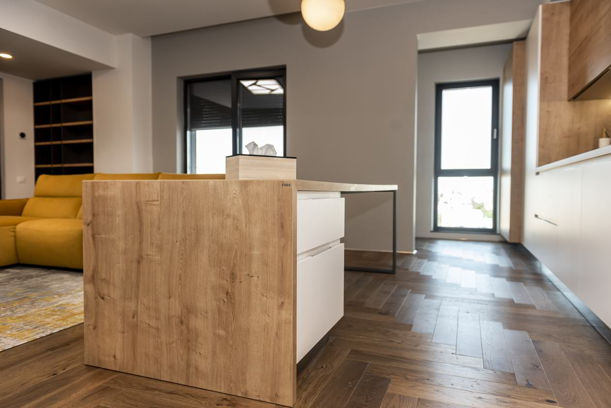 Proiect mobila Bucatarie cu insula, fara manere, pe doi pereti paraleli, unita cu Living-Room, 20m², L 1055 x H 230cm, 04 Februarie 2022, Realizat COD.13804