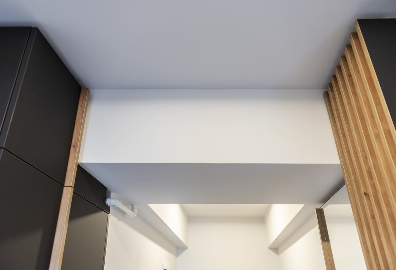 Proiect mobila Hol unit cu Living-Room si Bucataria, cu dulap pana in tavan, placare perete, comoda cu usi, 8m², realizat 04 Februarie 2022 COD.13807