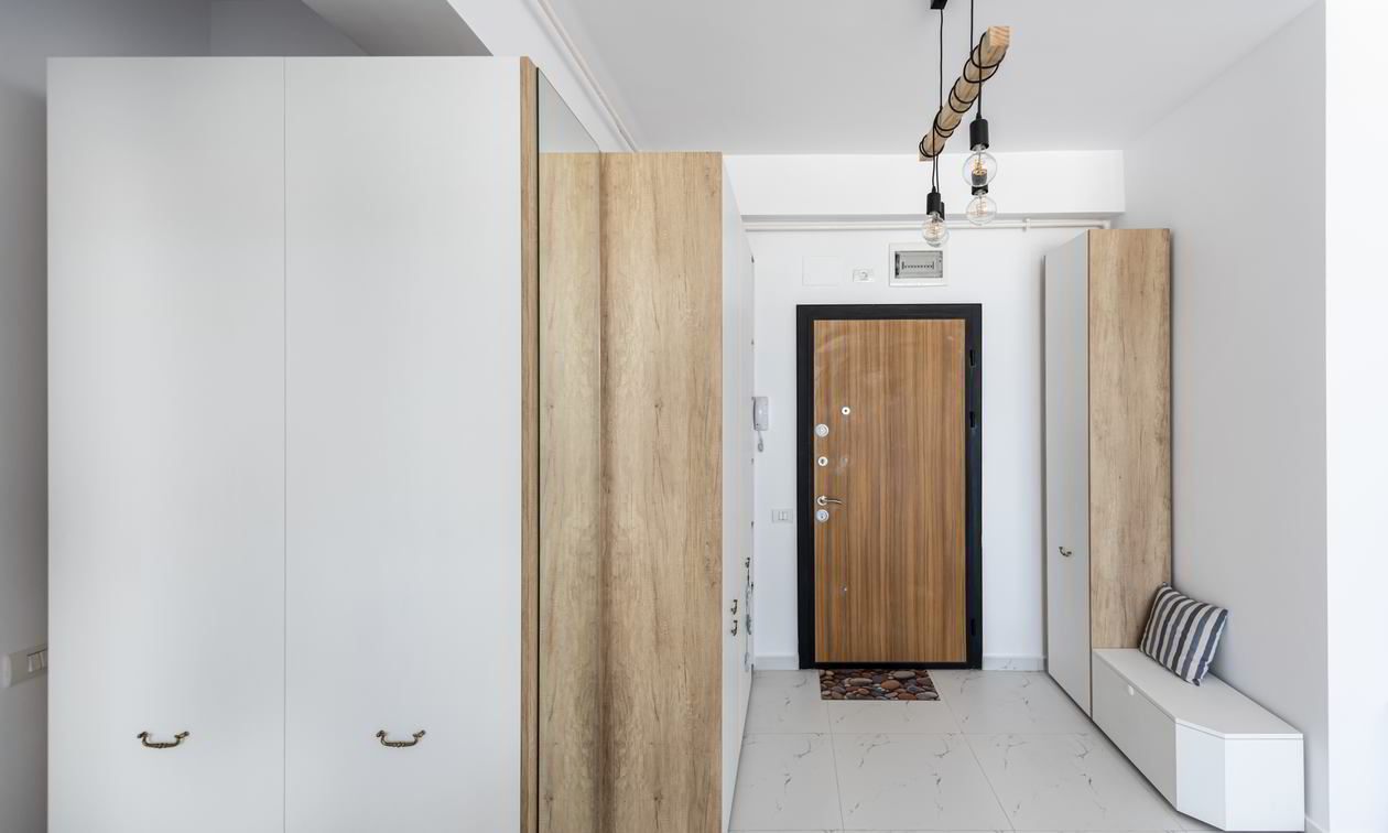 Proiect mobila Hol unit cu Living-Room si Bucataria, in Open Space, cu dulap pe colt, dulap in doua adancimi, biblioteca integrata, 9m², realizat 09 Martie 2022 COD.13941