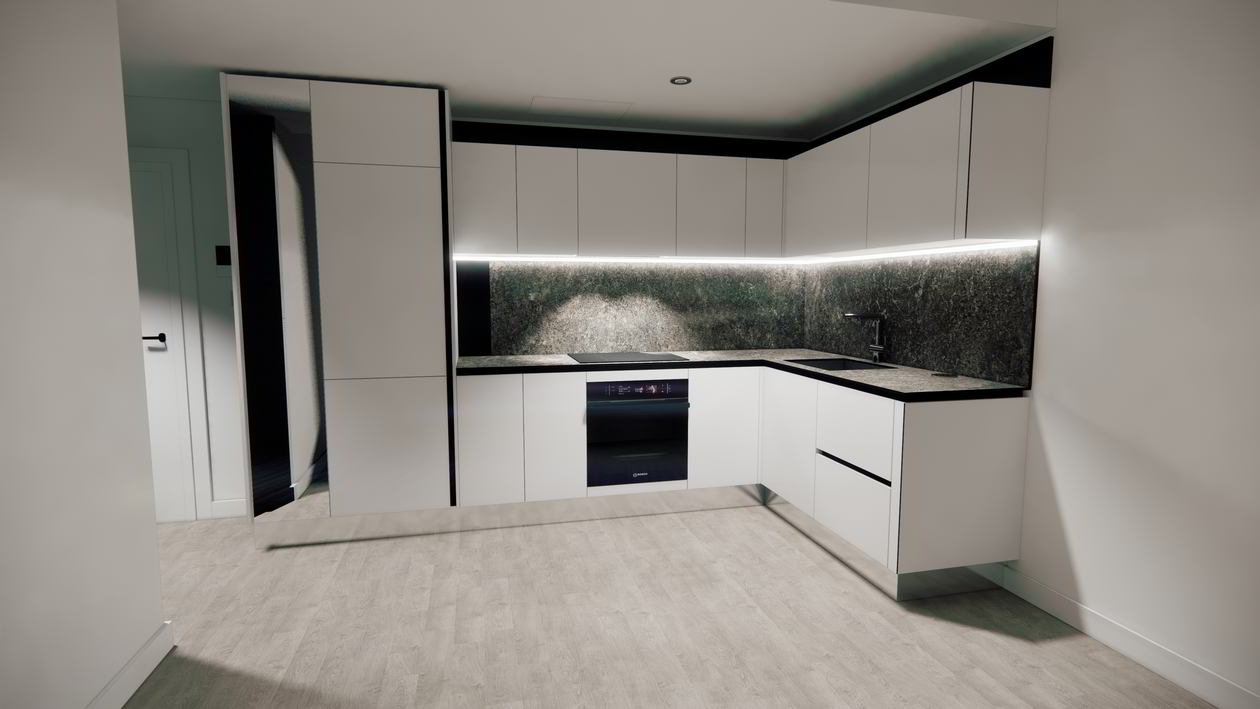 Mobila Bucatarie pana in tavan, pe colt, unita cu Living-Room si Hol, cu zona Dining, 27m², L 563 x H 234cm — foto 4 din 7