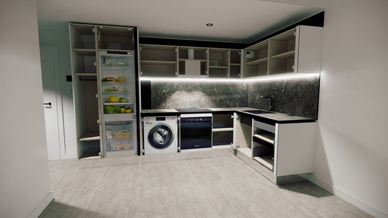 Mobila Bucatarie pana in tavan, pe colt, unita cu Living-Room si Hol, cu zona Dining, 27m², L 563 x H 234cm — foto 6 din 7
