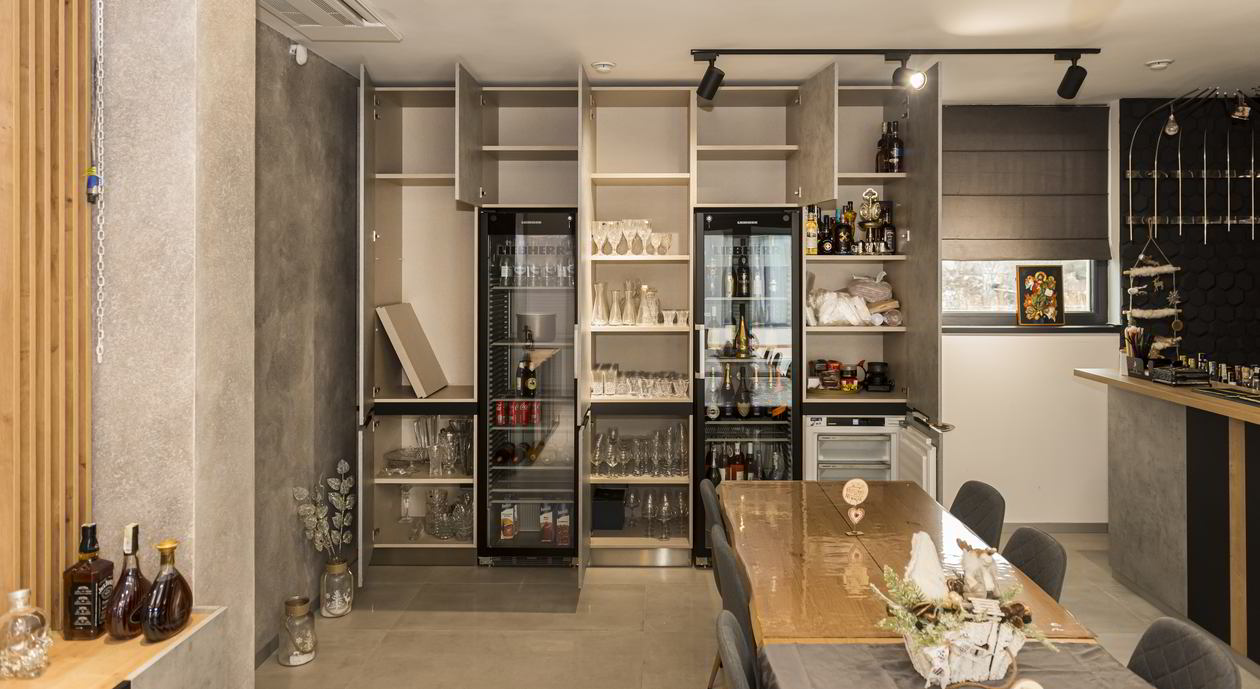 Proiect mobila Dining, cu comoda cu usi, bar, riflaje, dulap, la inaltime semi-bar, 37m², Realizat, 15 Iulie 2022 COD.15201