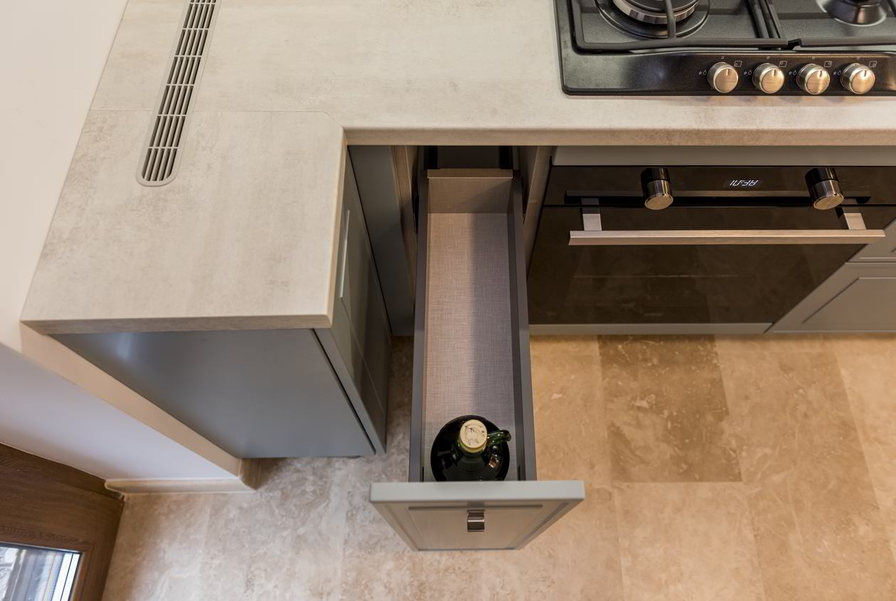 Proiect mobila Bucatarie cu insula, pe colt cu o latura mica, cu semi-masa integrata, cu zona Dining, unita cu Living-Room si Hol, 20m², L 500 x H 227cm, 15 Septembrie 2022, Realizat COD.15586
