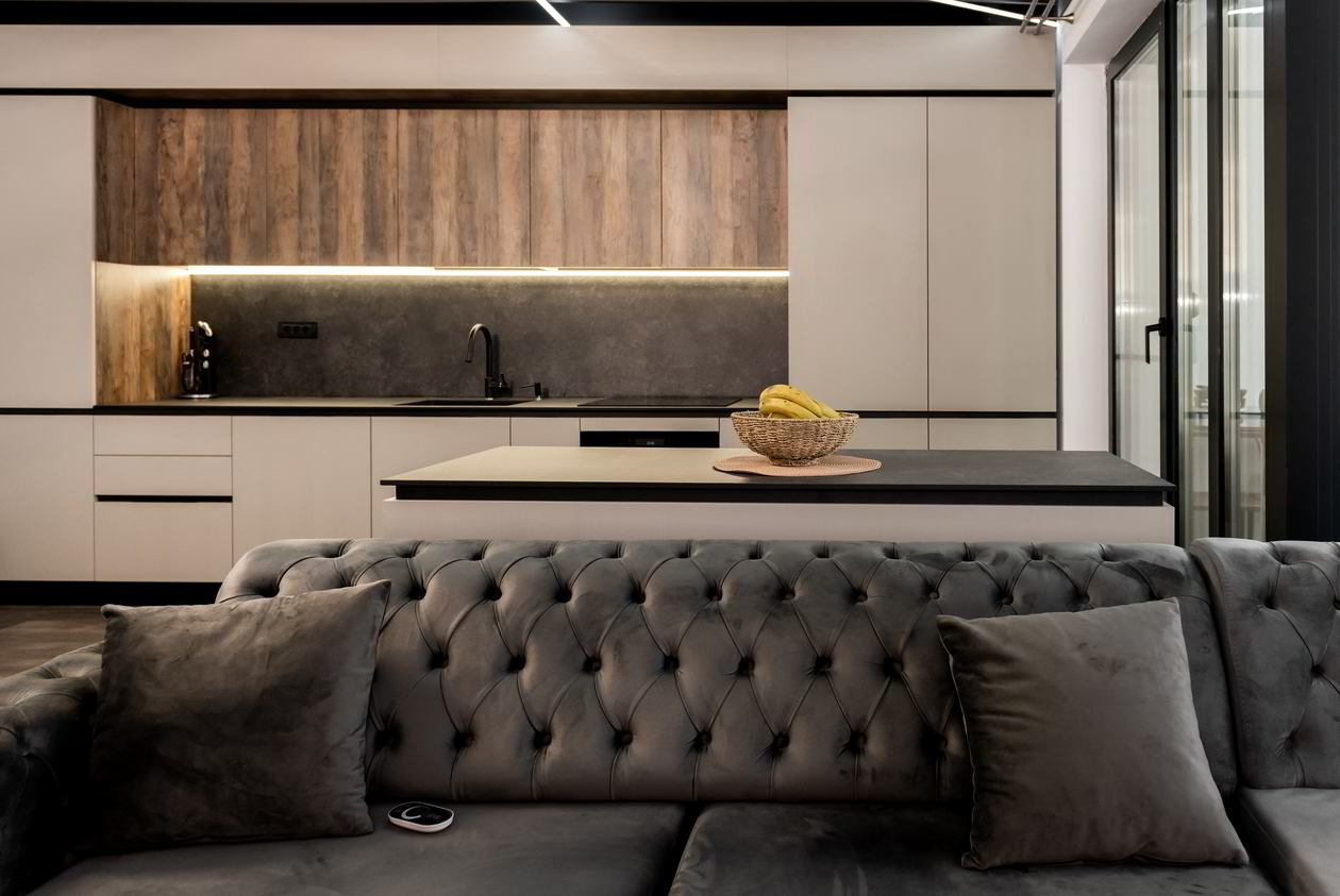 Mobila Bucatarie cu insula, pe un perete, unita cu Living-Room si Hol, cu zona Dining, L 720 x H 258cm, Realizat 26 Octombrie 2022 COD.15788