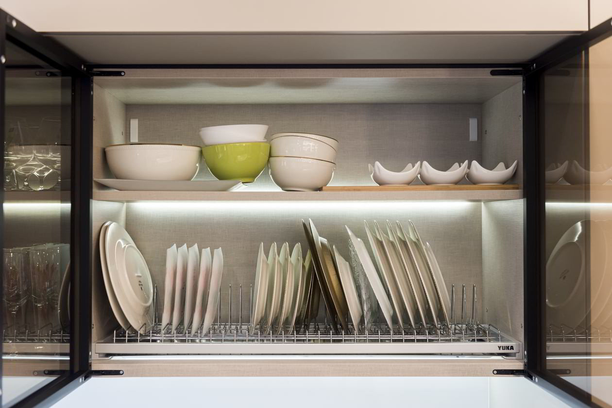 Proiect mobila Bucatarie cu insula, pe colt, pana in tavan, fara manere, unita cu Living-Room si Hol, cu zona Dining, L 707 x H 255cm, 12 Noiembrie 2022, Realizat COD.15828
