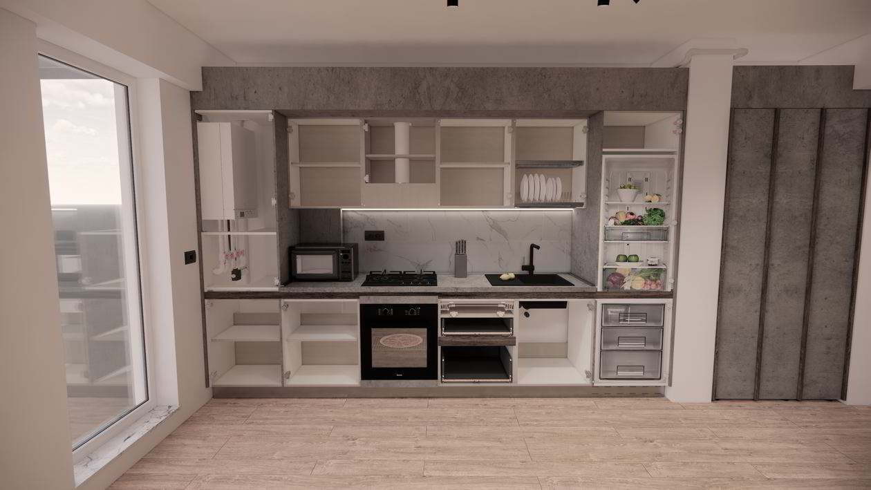Mobila Bucatarie pe un perete, unita cu Living-Room si Hol, L 361 x H 252cm — foto 7 din 7