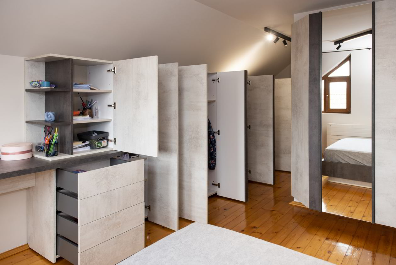 Proiect mobila Camera junior Fata, amplasata la Mansarda, cu pat central, dulap in doua adancimi, birou integrat, dulap suspendat, 18m² — foto 5 din 7