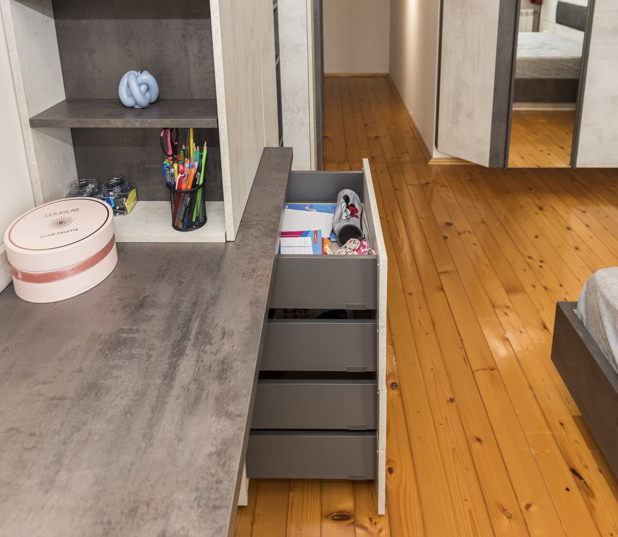 Proiect mobila Camera junior Fata, amplasata la Mansarda, cu pat central, dulap in doua adancimi, birou integrat, dulap suspendat, 18m² — foto 3 din 7