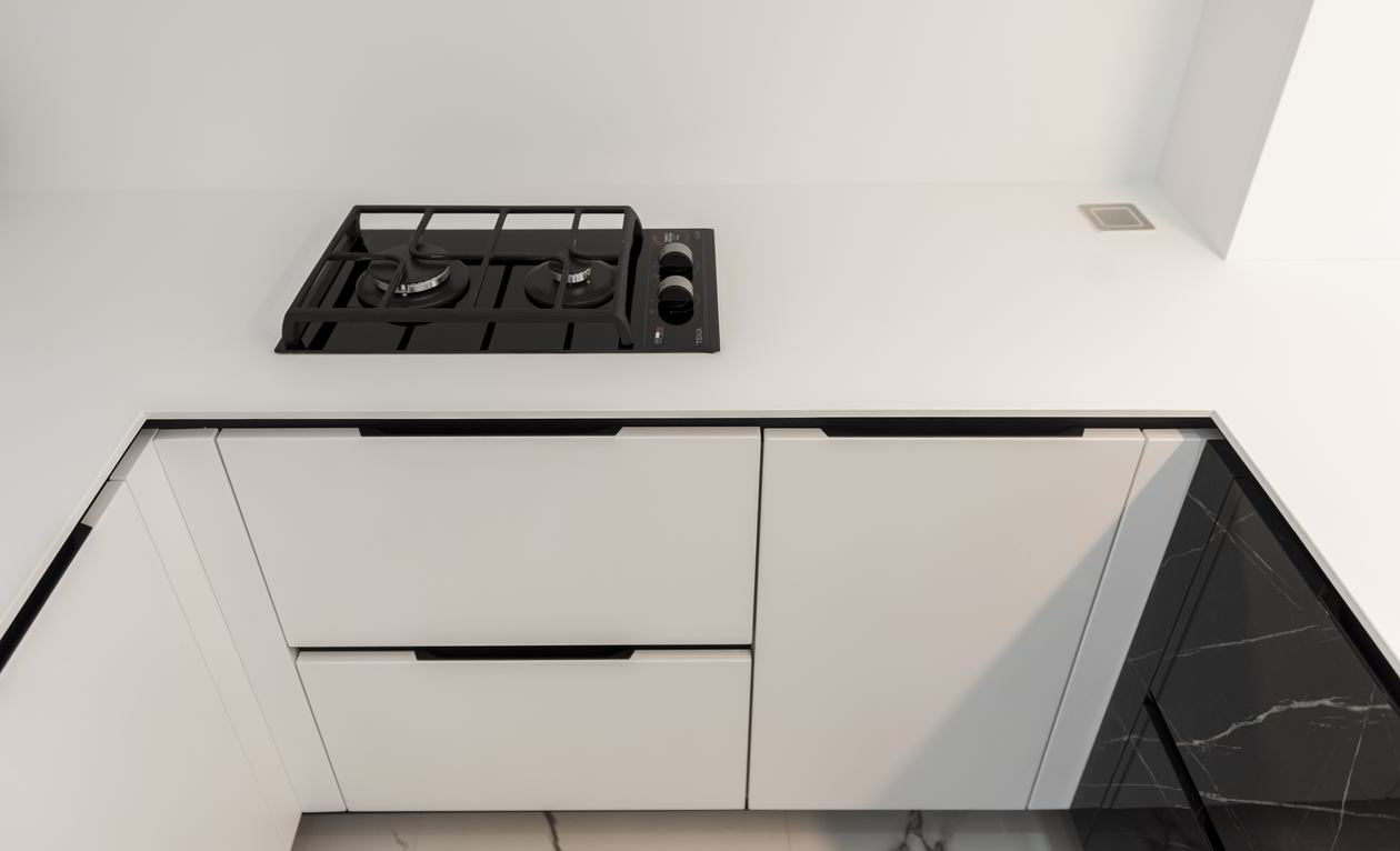 Mobila Bucatarie cu peninsula, pe colt, fara manere, unita cu Living-Room, L 790 x H 250cm — foto 3 din 7