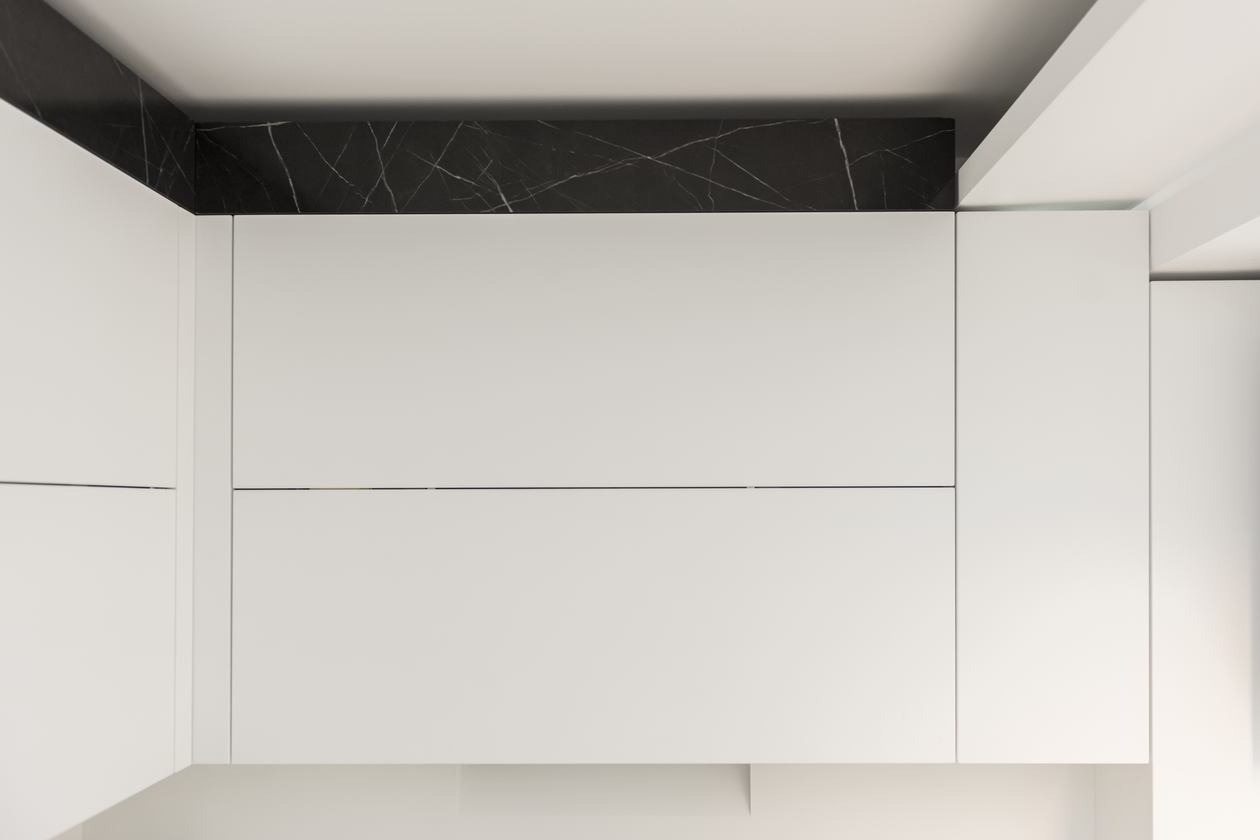 Mobila Bucatarie cu peninsula, pe colt, fara manere, unita cu Living-Room, L 790 x H 250cm — foto 4 din 7