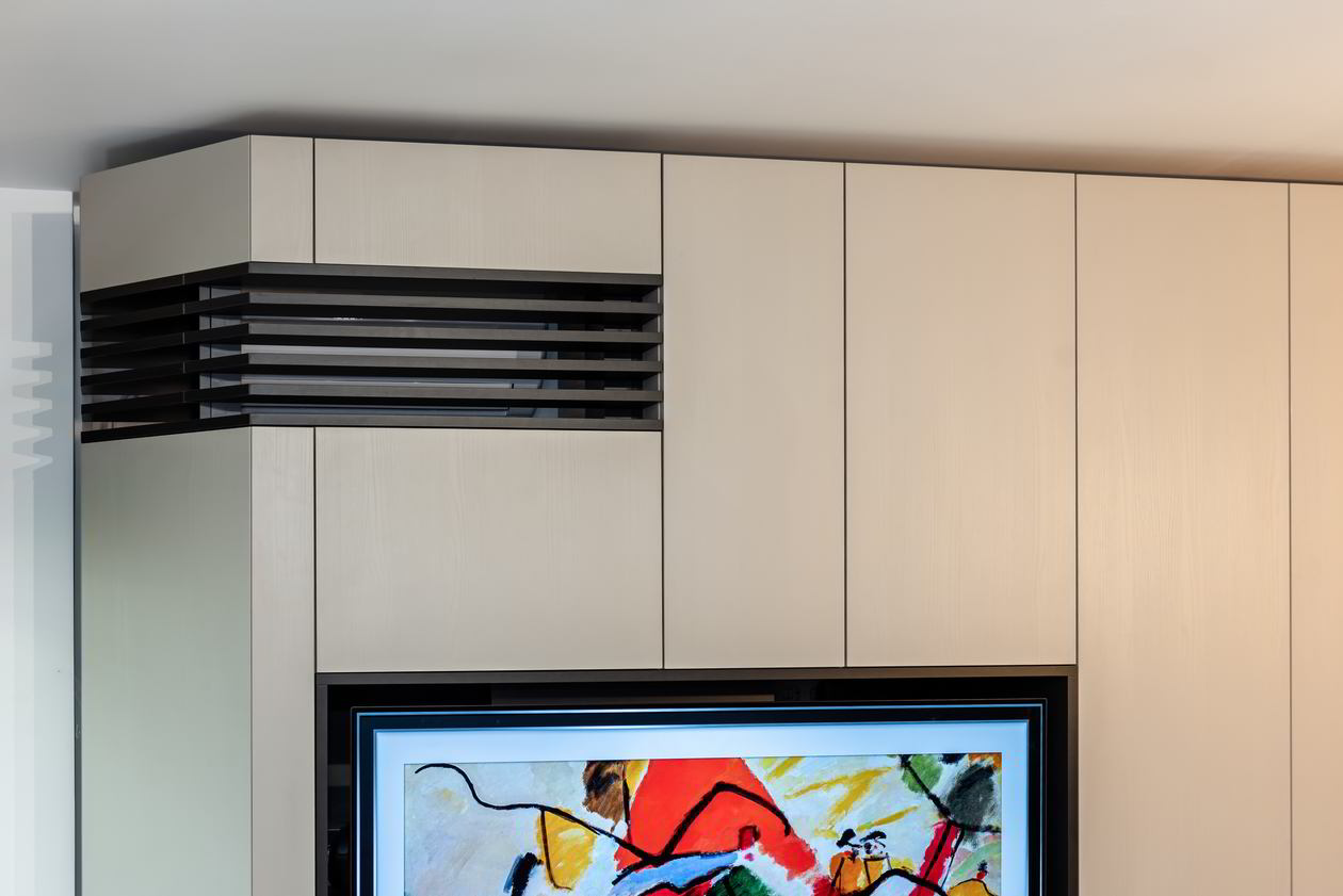Mobila Bucatarie pe colt, pana in tavan, fara manere, cu masa integrata fixa, BUCO-LIVING, unita cu Living-Room, L 1250 x H 260cm — foto 5 din 7