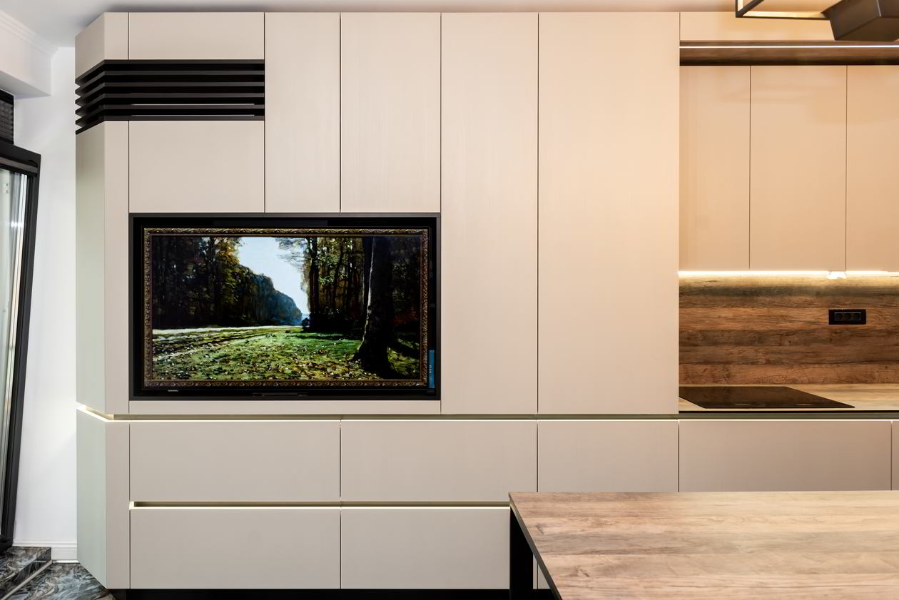 Mobila Bucatarie pe colt, pana in tavan, fara manere, cu masa integrata fixa, BUCO-LIVING, unita cu Living-Room, L 1250 x H 260cm — foto 6 din 7