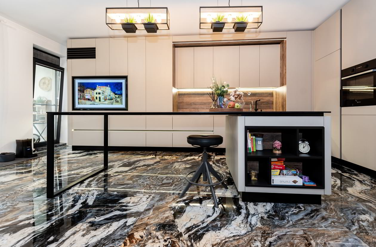 Mobila Bucatarie pe colt, pana in tavan, fara manere, cu masa integrata fixa, BUCO-LIVING, unita cu Living-Room, L 1250 x H 260cm, Realizat 27 Mai 2023 COD.17241