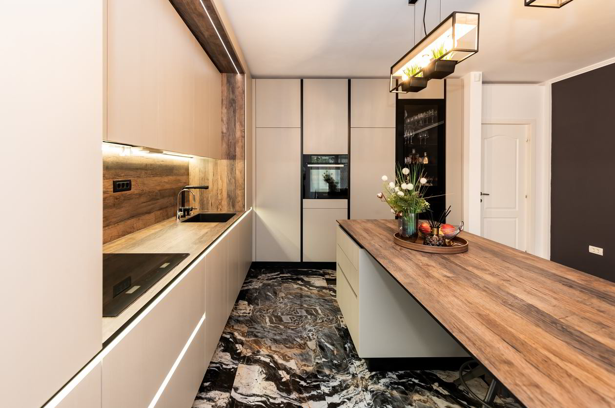 Mobila Bucatarie pe colt, pana in tavan, fara manere, cu masa integrata fixa, BUCO-LIVING, unita cu Living-Room, L 1250 x H 260cm, Realizat 27 Mai 2023 COD.17241