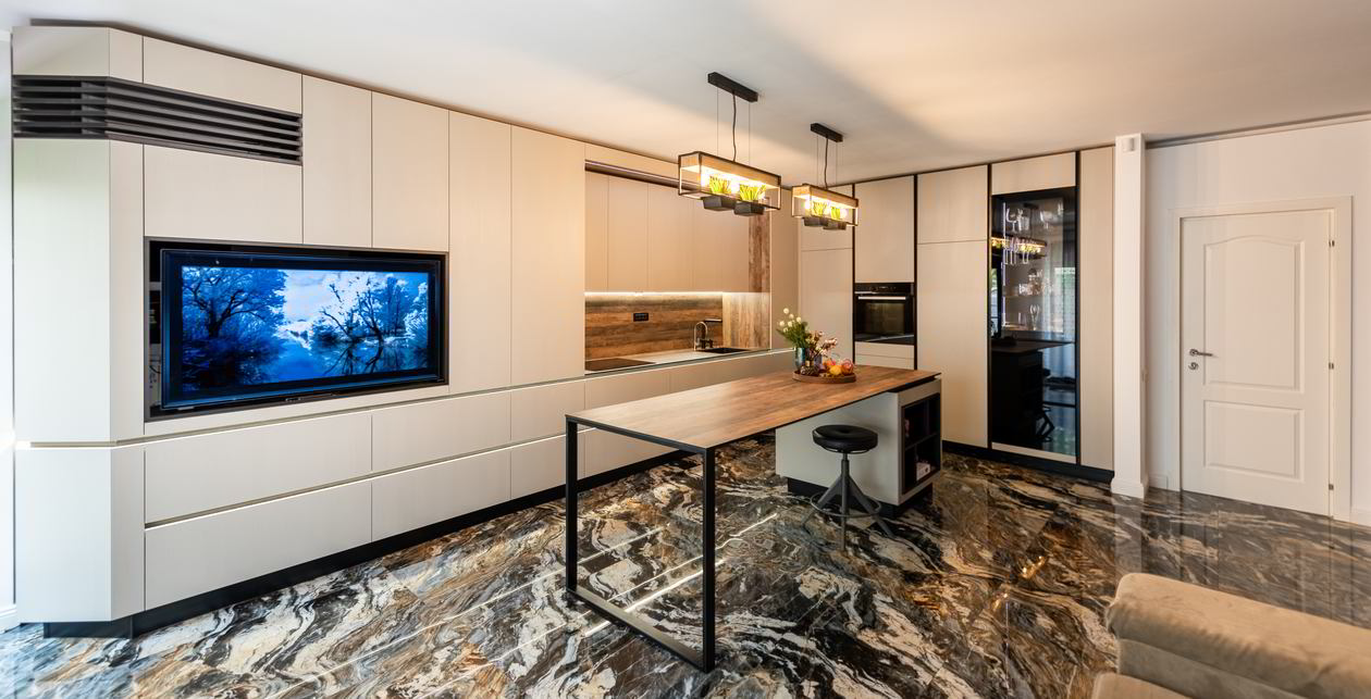 Mobila Bucatarie pe colt, pana in tavan, fara manere, cu masa integrata fixa, BUCO-LIVING, unita cu Living-Room, L 1250 x H 260cm, Realizat 27 Mai 2023 COD.17241