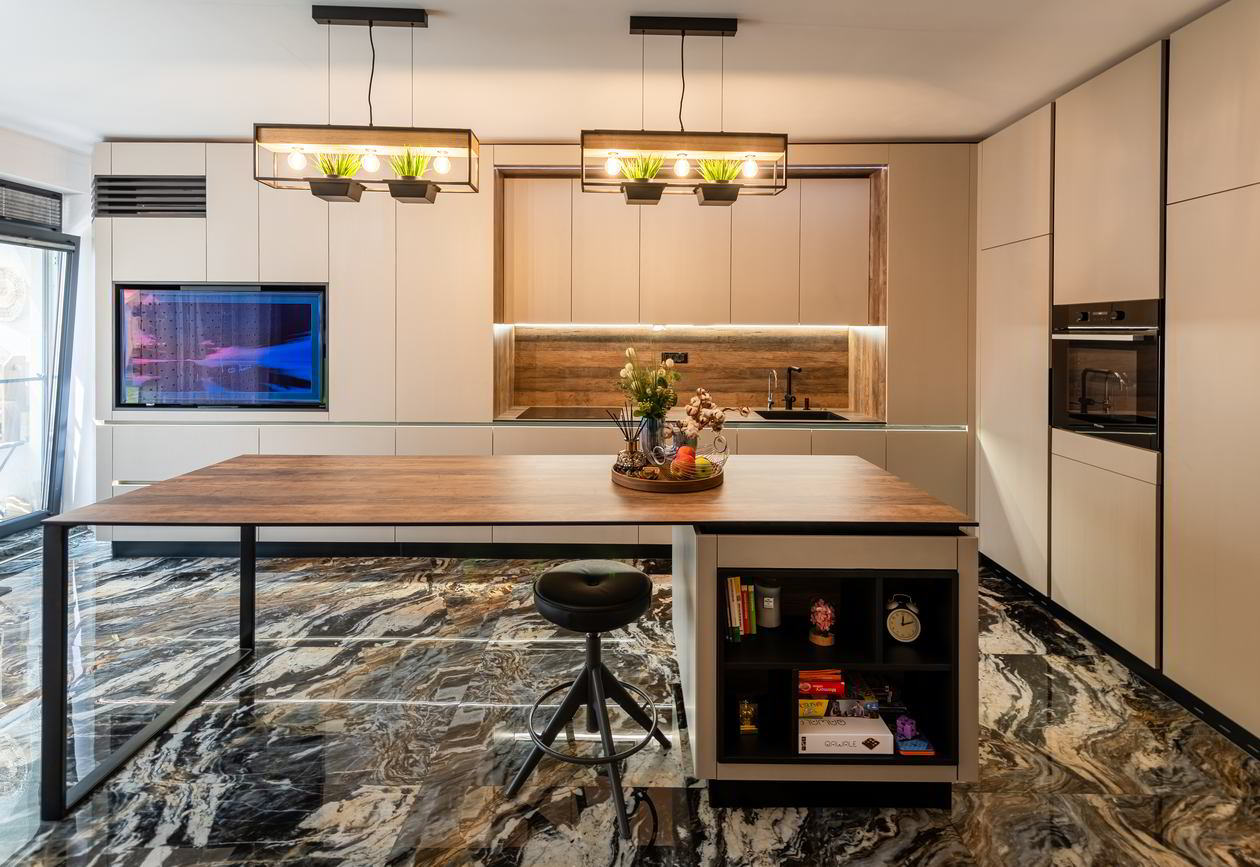 Mobila Bucatarie pe colt, pana in tavan, fara manere, cu masa integrata fixa, BUCO-LIVING, unita cu Living-Room, L 1250 x H 260cm, Realizat 27 Mai 2023 COD.17241