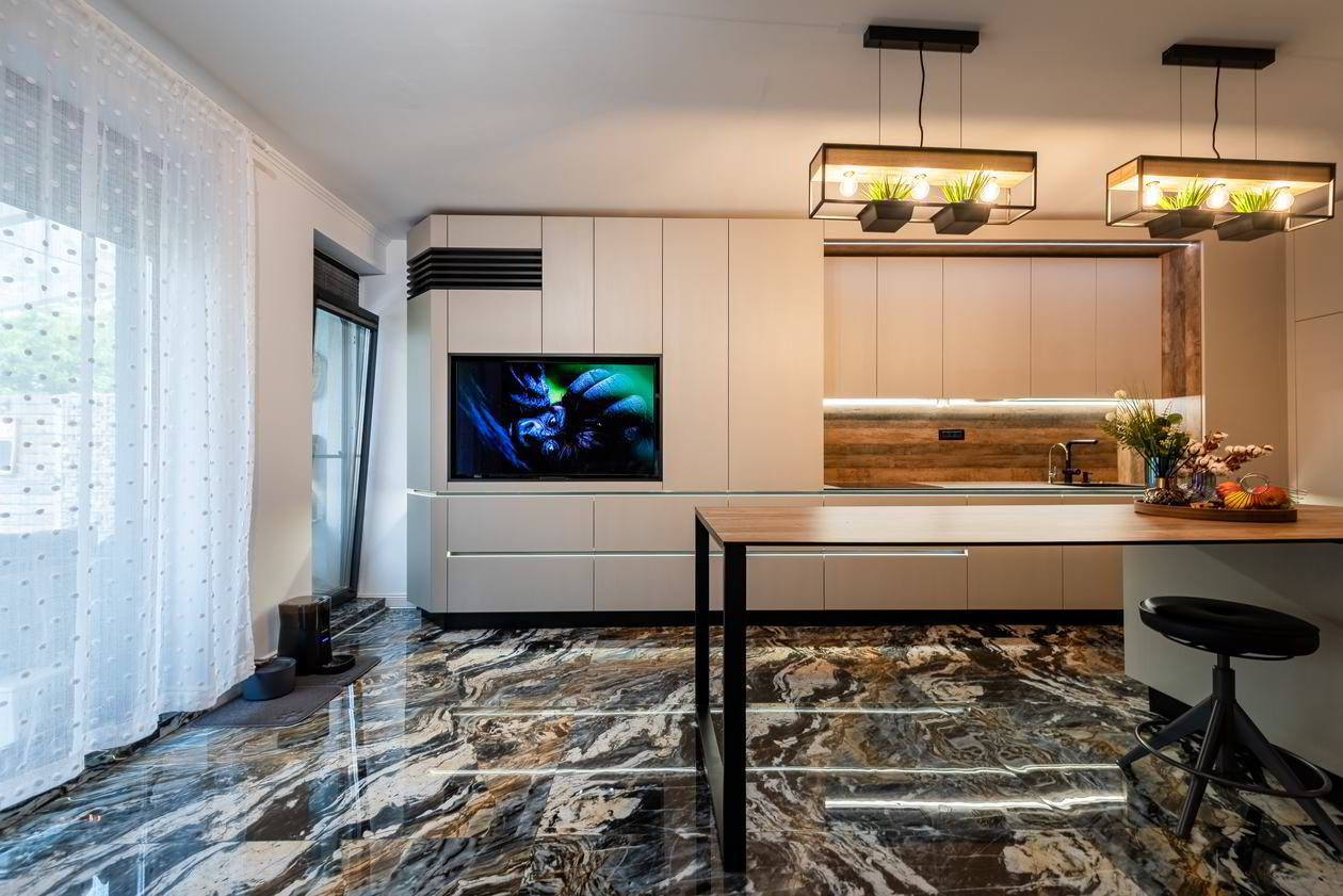 Mobila Bucatarie pe colt, pana in tavan, fara manere, cu masa integrata fixa, BUCO-LIVING, unita cu Living-Room, L 1250 x H 260cm, Realizat 27 Mai 2023 COD.17241