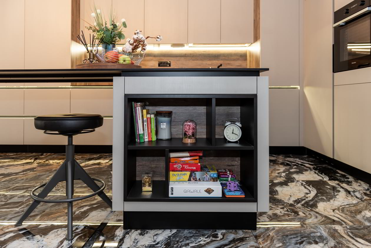 Mobila Bucatarie pe colt, pana in tavan, fara manere, cu masa integrata fixa, BUCO-LIVING, unita cu Living-Room, L 1250 x H 260cm — foto 2 din 7