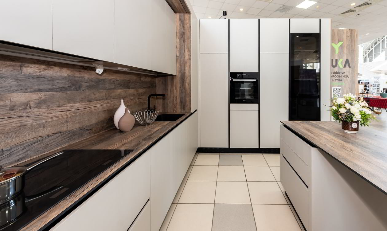 Mobila Bucatarie pe colt, pana in tavan, fara manere, cu masa integrata fixa, BUCO-LIVING, unita cu Living-Room, L 1250 x H 260cm, Realizat 27 Mai 2023 COD.17241