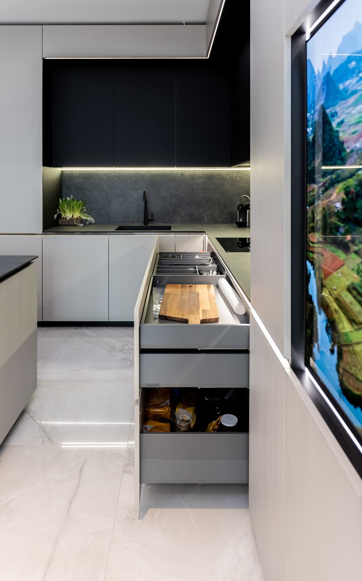 Mobila Bucatarie cu insula, cu masa integrata fixa, BUCO- LIVING, unita cu Living-Room si Hol, 33m², L 1373 — foto 4 din 7