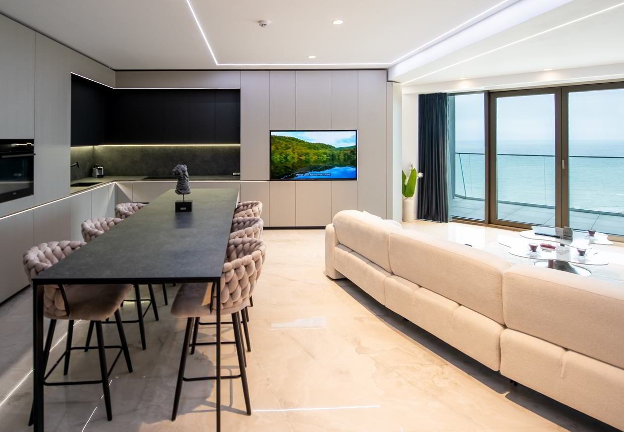Mobila Bucatarie cu insula, cu masa integrata fixa, BUCO- LIVING, unita cu Living-Room si Hol, 33m², L 1373 Realizat 08 Iunie 2023 COD.17442