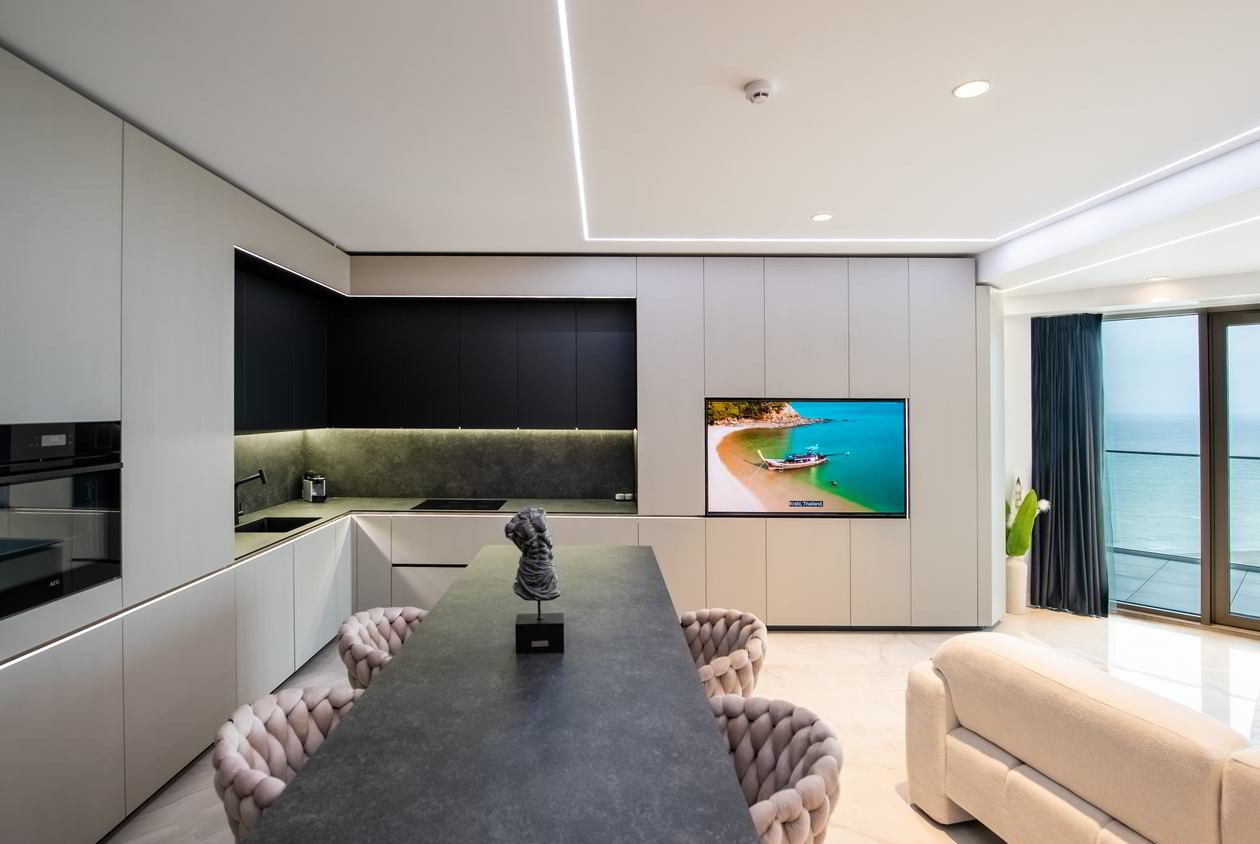 Mobila Bucatarie cu insula, cu masa integrata fixa, BUCO- LIVING, unita cu Living-Room si Hol, 33m², L 1373 Realizat 08 Iunie 2023 COD.17442