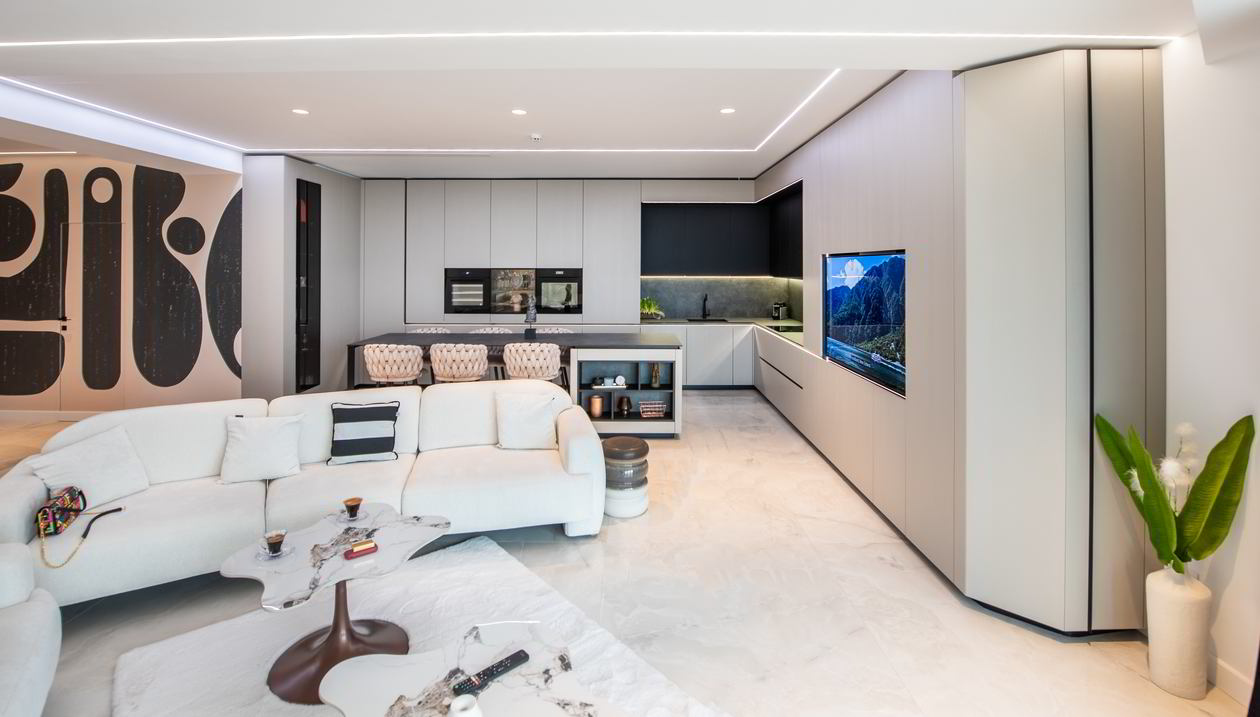 Mobila Bucatarie cu insula, cu masa integrata fixa, BUCO- LIVING, unita cu Living-Room si Hol, 33m², L 1373 Realizat 08 Iunie 2023 COD.17442