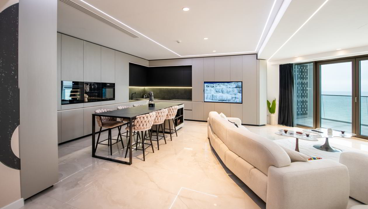 Mobila Bucatarie cu insula, cu masa integrata fixa, BUCO- LIVING, unita cu Living-Room si Hol, 33m², L 1373 Realizat 08 Iunie 2023 COD.17442