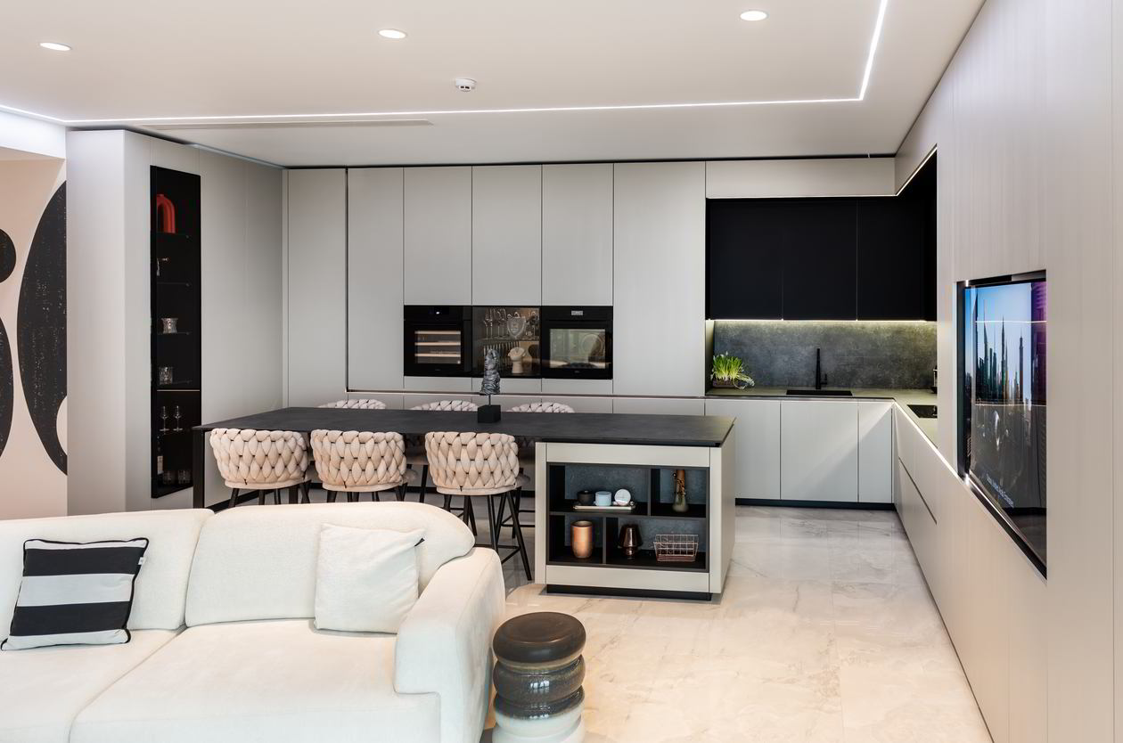 Mobila Bucatarie cu insula, cu masa integrata fixa, BUCO- LIVING, unita cu Living-Room si Hol, 33m², L 1373 Realizat 08 Iunie 2023 COD.17442