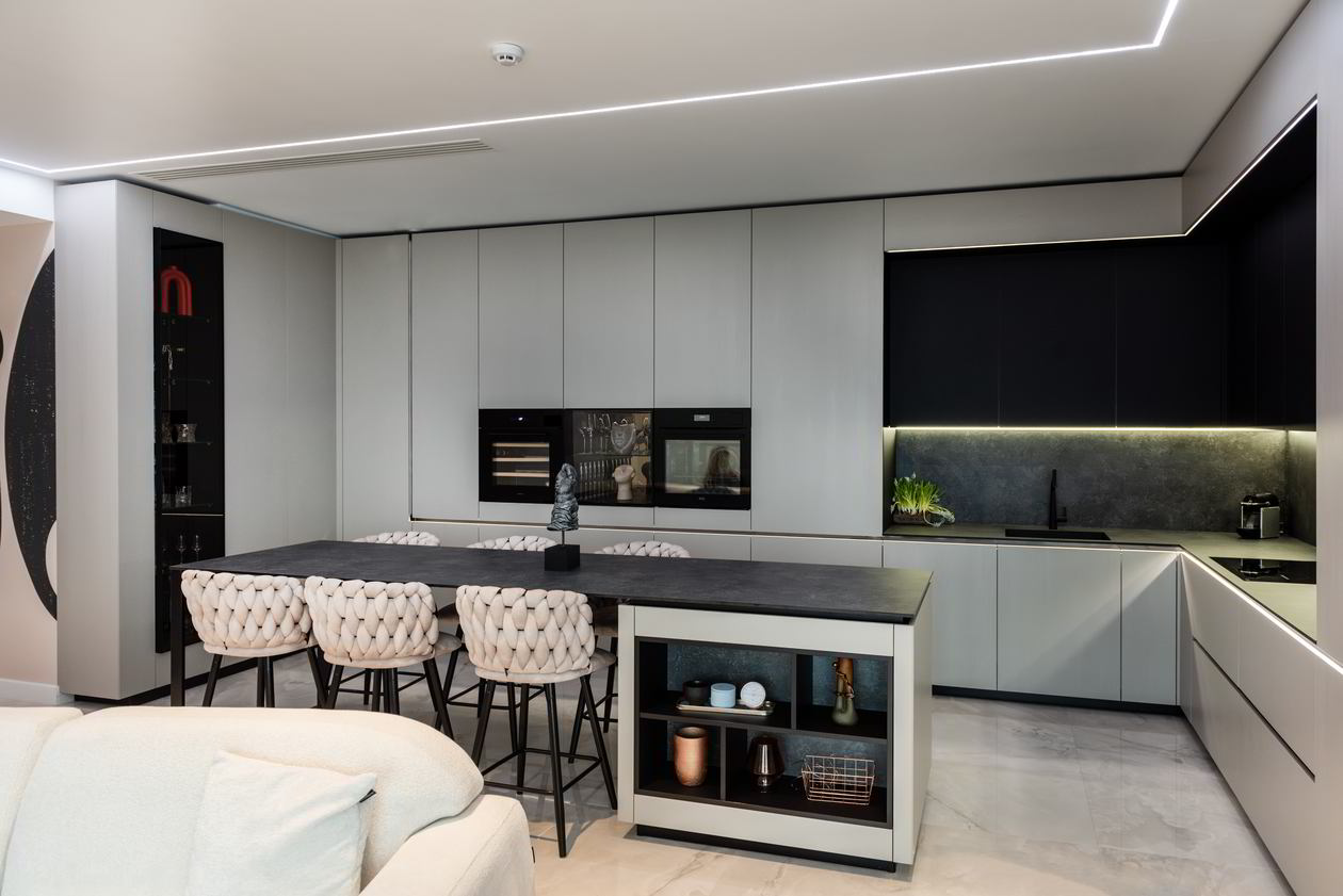 Mobila Bucatarie cu insula, cu masa integrata fixa, BUCO- LIVING, unita cu Living-Room si Hol, 33m², L 1373 Realizat 08 Iunie 2023 COD.17442