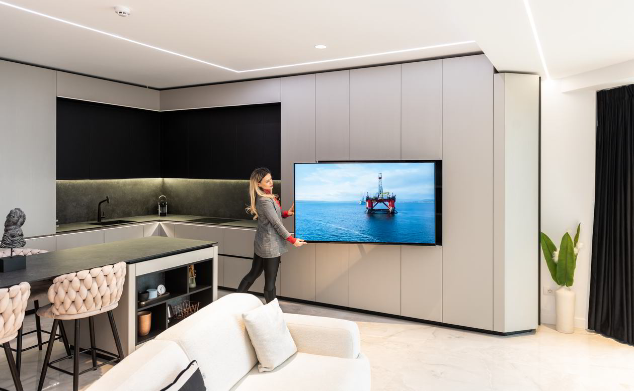 Mobila Bucatarie cu insula, cu masa integrata fixa, BUCO- LIVING, unita cu Living-Room si Hol, 33m², L 1373 Realizat 08 Iunie 2023 COD.17442