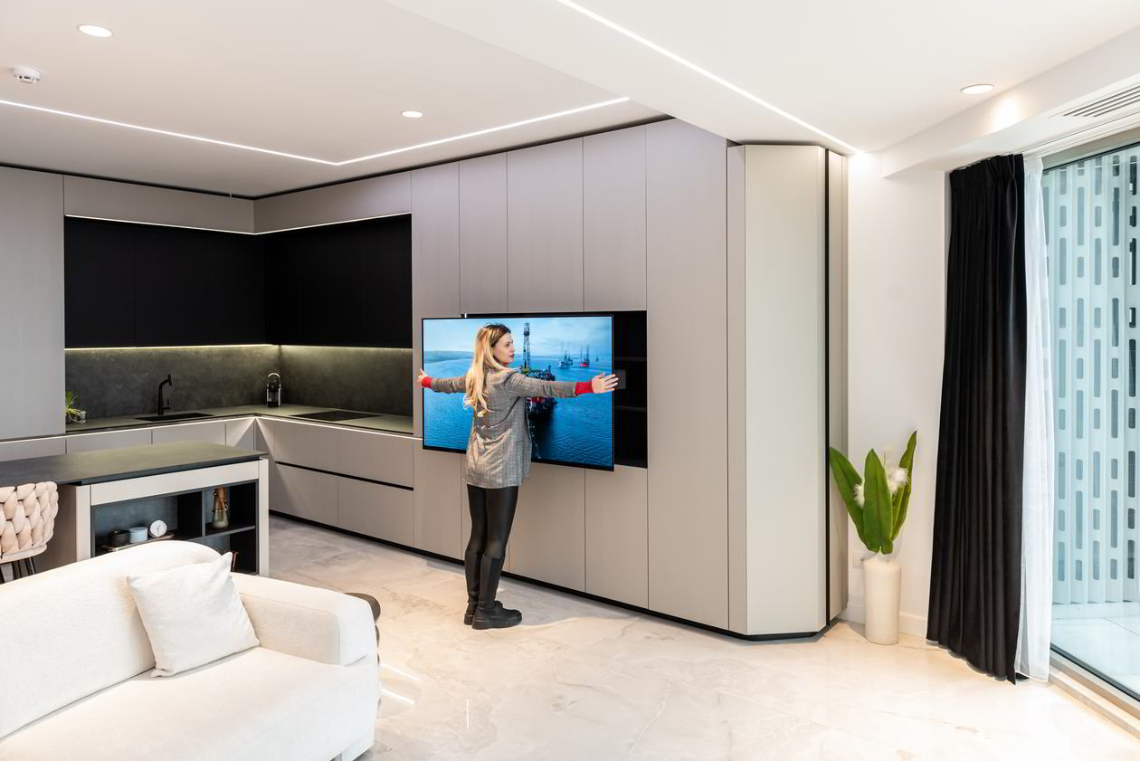 Mobila Bucatarie cu insula, cu masa integrata fixa, BUCO- LIVING, unita cu Living-Room si Hol, 33m², L 1373 Realizat 08 Iunie 2023 COD.17442