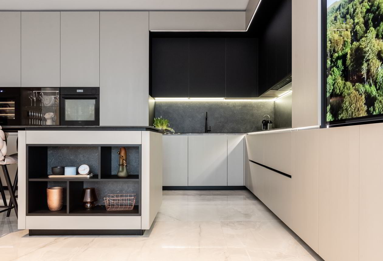 Mobila Bucatarie cu insula, cu masa integrata fixa, BUCO- LIVING, unita cu Living-Room si Hol, 33m², L 1373 Realizat 08 Iunie 2023 COD.17442