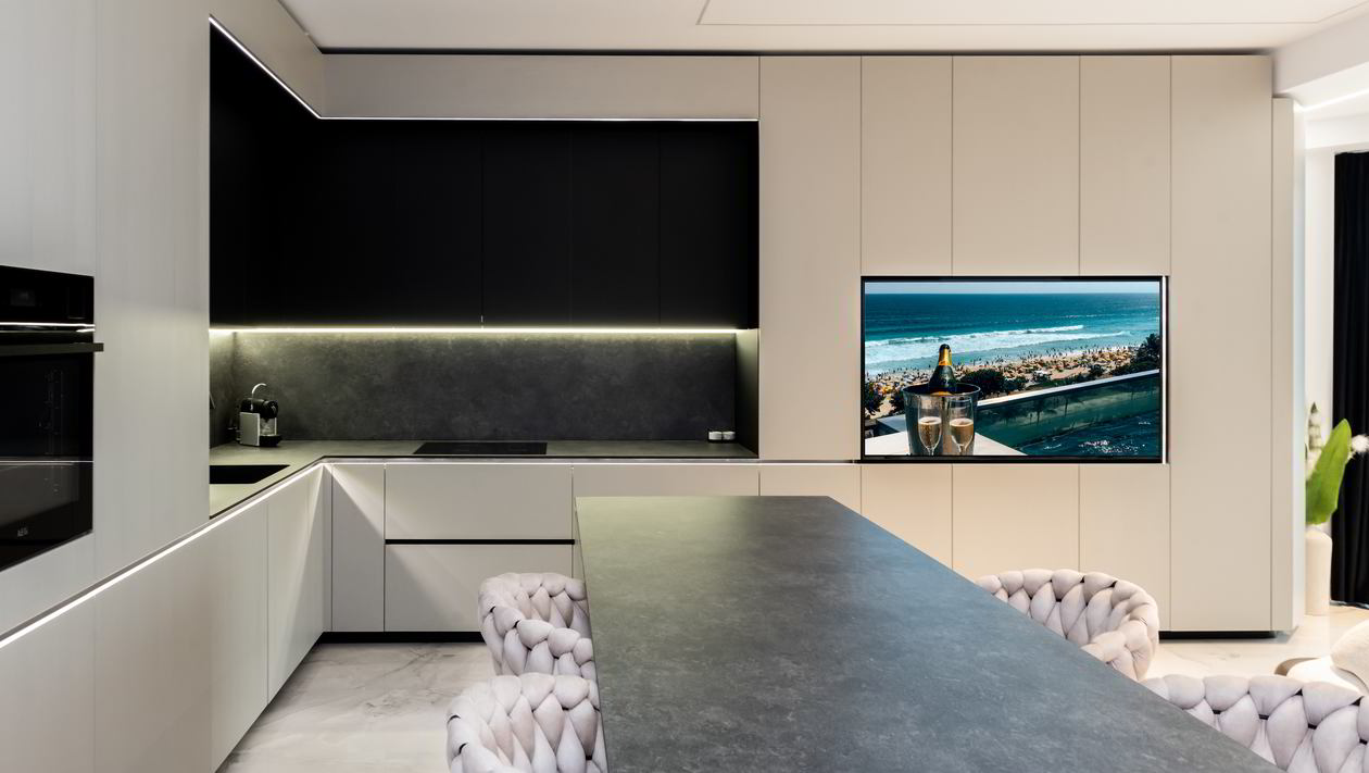 Mobila Bucatarie cu insula, cu masa integrata fixa, BUCO- LIVING, unita cu Living-Room si Hol, 33m², L 1373 Realizat 08 Iunie 2023 COD.17442