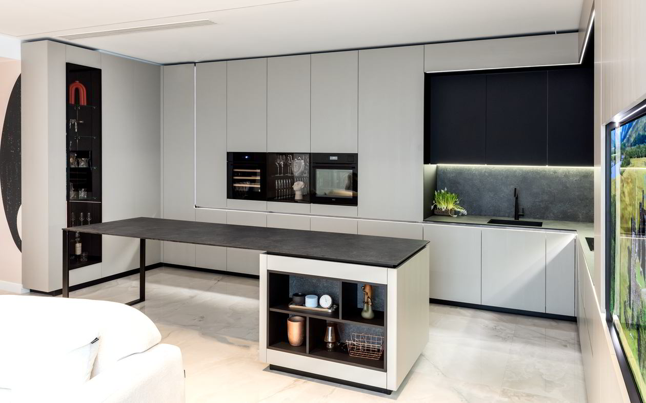 Mobila Bucatarie cu insula, cu masa integrata fixa, BUCO- LIVING, unita cu Living-Room si Hol, 33m², L 1373 Realizat 08 Iunie 2023 COD.17442