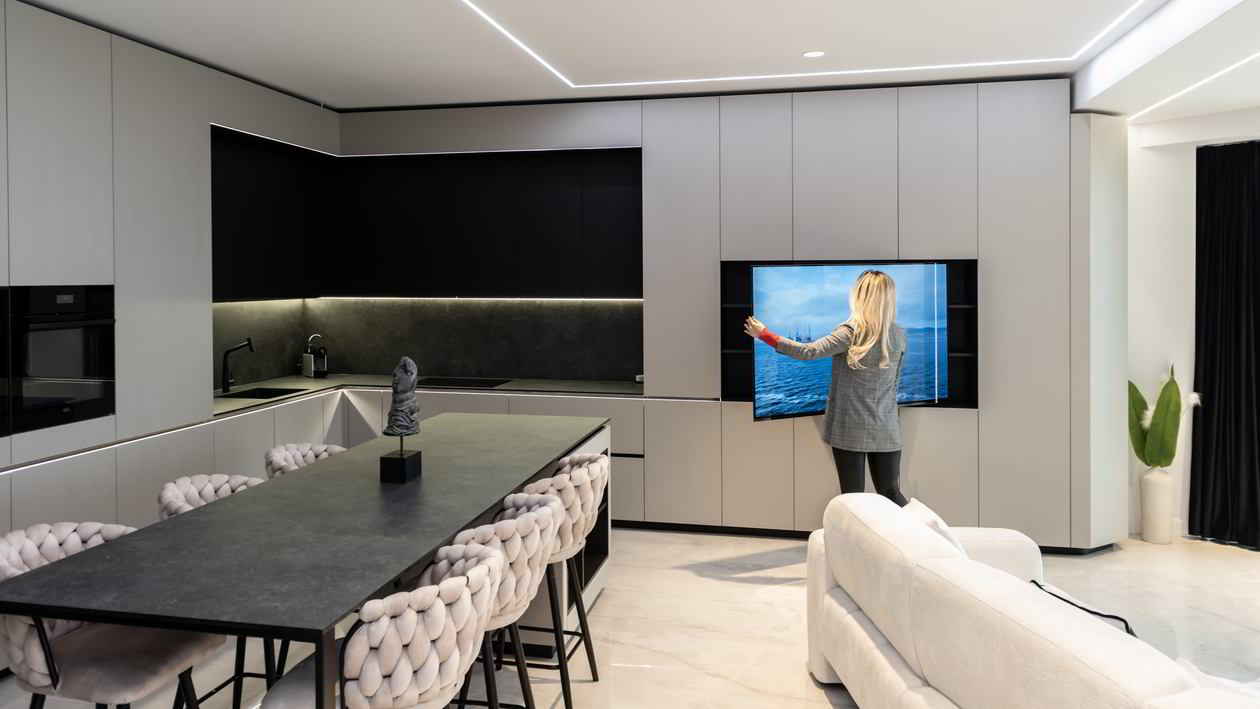 Mobila Bucatarie cu insula, cu masa integrata fixa, BUCO- LIVING, unita cu Living-Room si Hol, 33m², L 1373 Realizat 08 Iunie 2023 COD.17442
