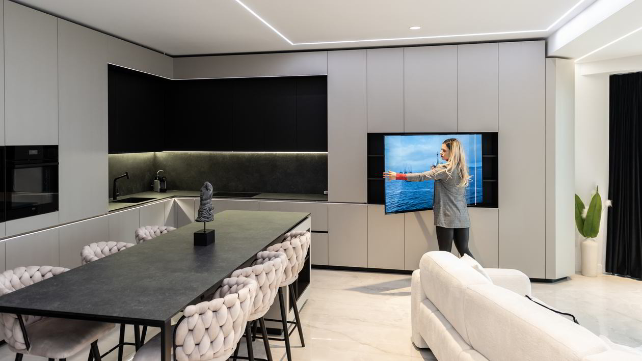 Mobila Bucatarie cu insula, cu masa integrata fixa, BUCO- LIVING, unita cu Living-Room si Hol, 33m², L 1373 Realizat 08 Iunie 2023 COD.17442
