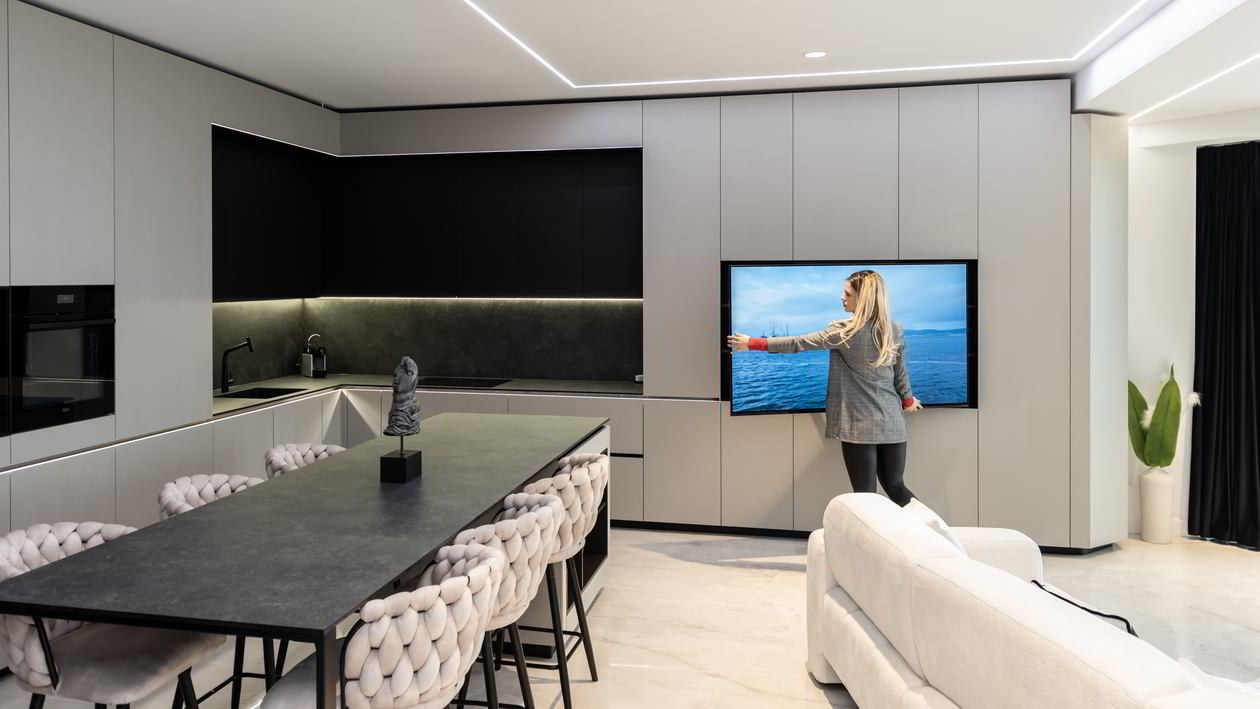 Mobila Bucatarie cu insula, cu masa integrata fixa, BUCO- LIVING, unita cu Living-Room si Hol, 33m², L 1373 Realizat 08 Iunie 2023 COD.17442