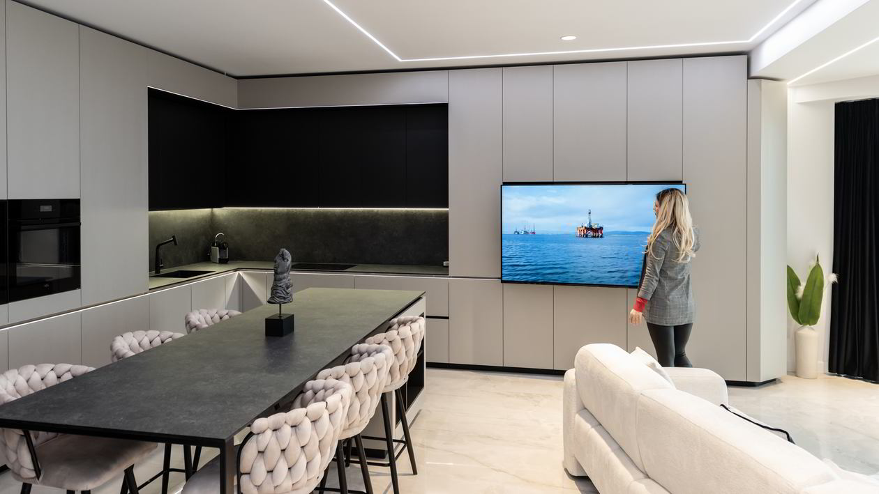Mobila Bucatarie cu insula, cu masa integrata fixa, BUCO- LIVING, unita cu Living-Room si Hol, 33m², L 1373 Realizat 08 Iunie 2023 COD.17442