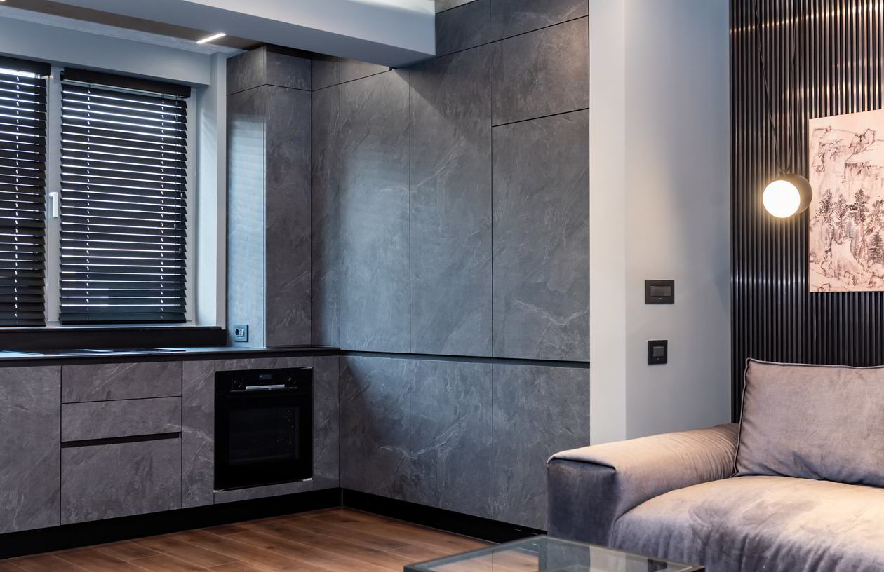 Mobila Bucatarie cu peninsula, pe doi pereti, cu masa integrata extractabila, unita cu Living-Room si Hol, Realizat 07 Septembrie 2023 COD.18291