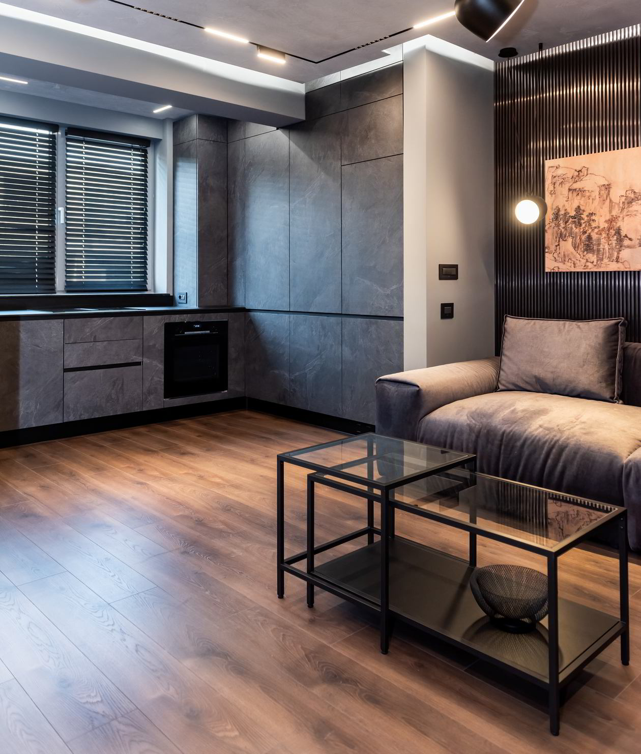 Mobila Bucatarie cu peninsula, pe doi pereti, cu masa integrata extractabila, unita cu Living-Room si Hol, Realizat 07 Septembrie 2023 COD.18291