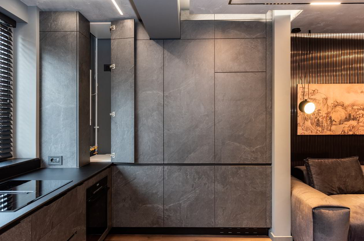 Mobila Bucatarie cu peninsula, pe doi pereti, cu masa integrata extractabila, unita cu Living-Room si Hol, Realizat 07 Septembrie 2023 COD.18291