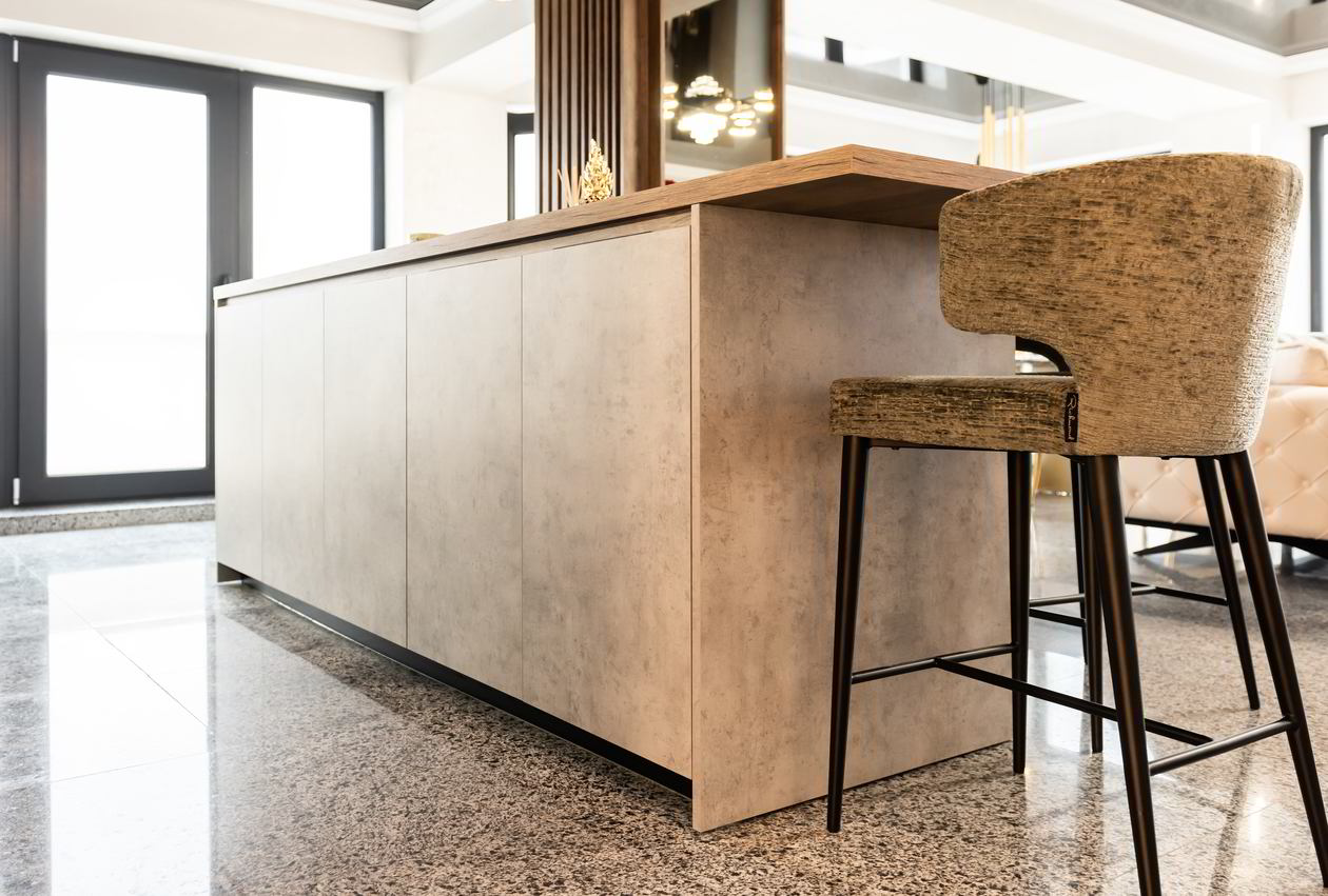 Mobila Bucatarie cu insula, pe un perete, cu masa integrata extractabila, unita cu Living-Room si Hol, L 375 x H 228cm, Realizat 19 Septembrie 2023 COD.18437